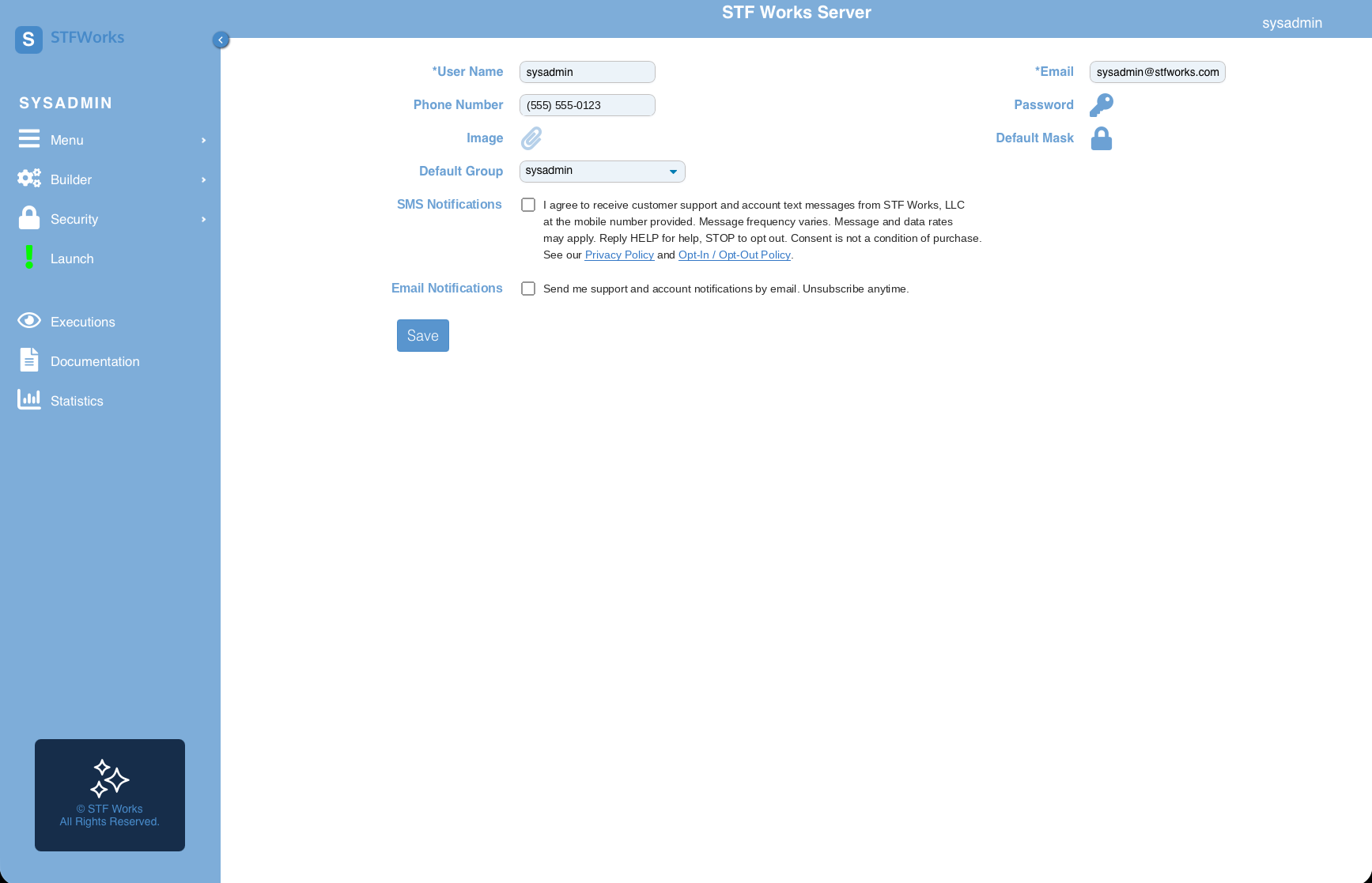 STF Works user profile showing an unchecked SMS consent checkbox with consent language